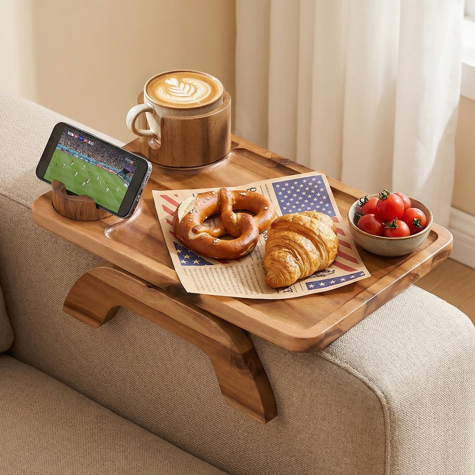 CONCETTA Sofa Arm Tray and 3-in-1 Clip-on Table TV Tray with Rotating Cup Holder and Phone Stand, Brown