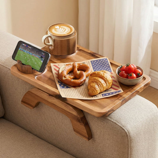 CONCETTA Sofa Arm Tray and 3-in-1 Clip-on Table TV Tray with Rotating Cup Holder and Phone Stand, Brown