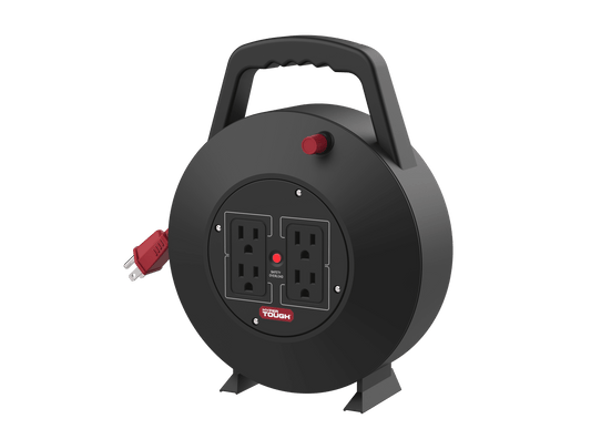 Hyper Tough 25' Extension Cord Reel with 4 Outlets, Black/Red
