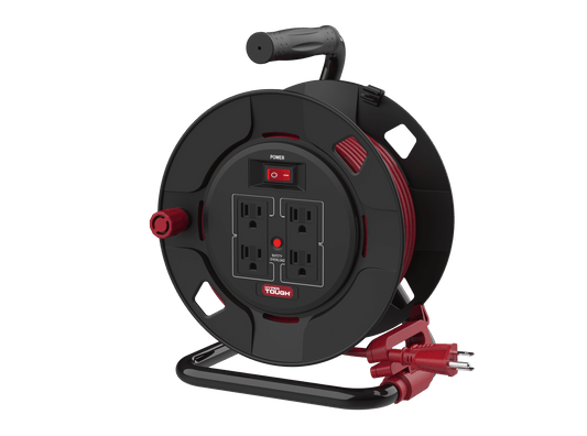 Hyper Tough Cord Reel 50ft. 4 Power Outlets â€“ Heavy Duty 14 AWG SJTW Cable Black and Red Color, Material: PP, PVC, Copper