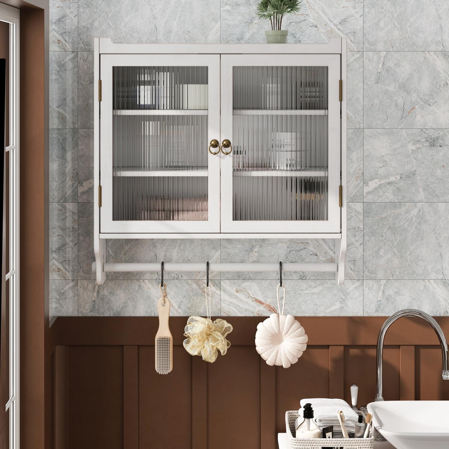 Cabinet, Wall Mounted with Double Glass Doors and Three Removable Shelves, Solid Wood Frame for Bathroom Kitchen Dining Room, White Washed