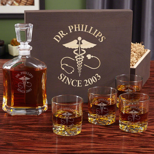 Caduceus Engraved Whiskey Decanter Gift Box Set