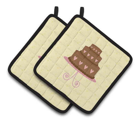 Caroline's Treasures 3 Tier Heart Chocolate Cake on Yellow Pair of Pot Holders