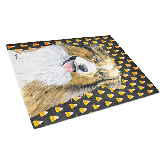 Caroline's Treasures Australian Shepherd Candy Corn Halloween Portrait Glass Cutting Board Large