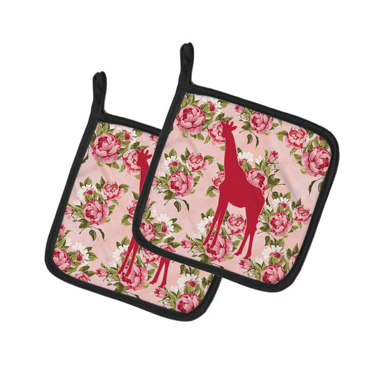 Giraffe Shabby Chic Pink Roses Pair of Pot Holders