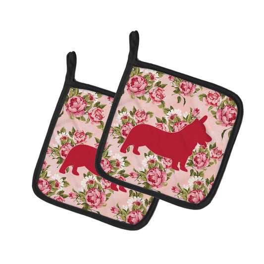 Caroline's Treasures BB1069-RS-PK-PTHD Corgi Shabby Chic Pink Roses Pair of Pot Holders , 7.5HX7.5W, multicolor