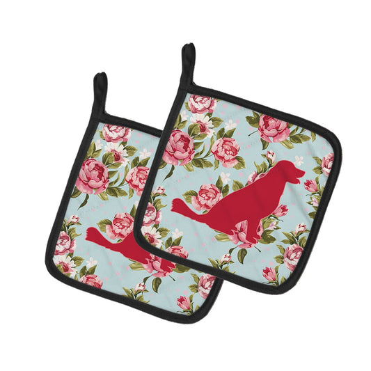 Labrador Shabby Chic Blue Roses Pair of Pot Holders