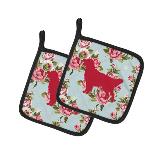Caroline's Treasures BB1085-RS-BU-PTHD Golden Retriever Shabby Chic Blue Roses Pair of Pot Holders , 7.5HX7.5W,