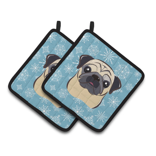 Caroline's Treasures BB1696PTHD Snowflake Fawn Pug Pair of Pot Holders , 7.5HX7.5W, multicolor