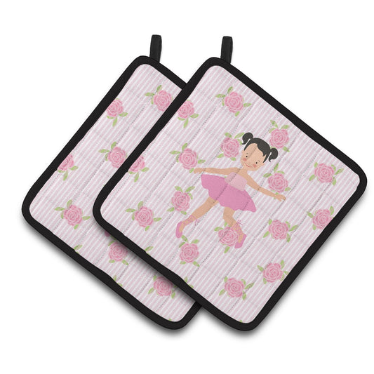 Caroline's Treasures Ballerina Black Hair Ponytails Pair of Pot Holders