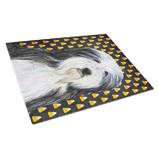 Caroline's Treasures Bearded Collie Candy Corn Halloween Portrait Glass Cutting Board Large