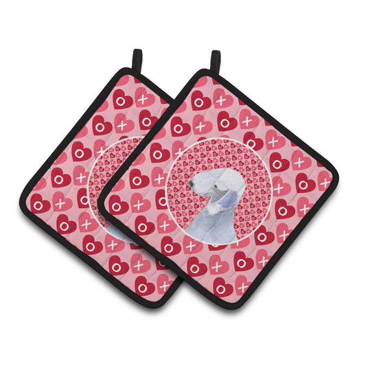 Bedlington Terrier Hearts Love and Valentine's Day Portrait Pair of Pot Holders