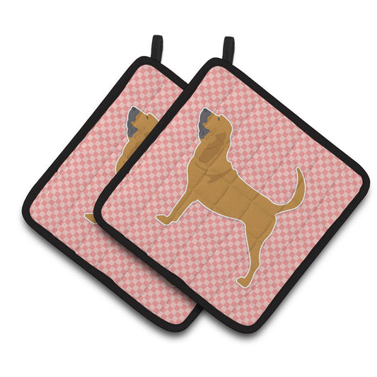 Caroline's Treasures Bloodhound Checkerboard Pink Pair of Pot Holders