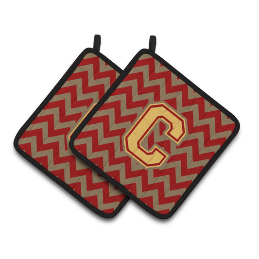 Caroline's Treasures CJ1048-CPTHD Letter C Chevron Garnet and Gold Pair of Pot Holders, 7.5HX7.5W, multicolor