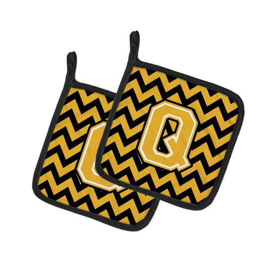 Letter Q Chevron Black and Gold Pair of Pot Holders