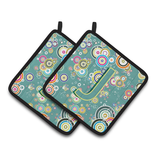 Caroline's Treasures CJ2015-JPTHD Letter J Circle Circle Teal Initial Alphabet Pair of Pot Holders, 7.5HX7.5W,