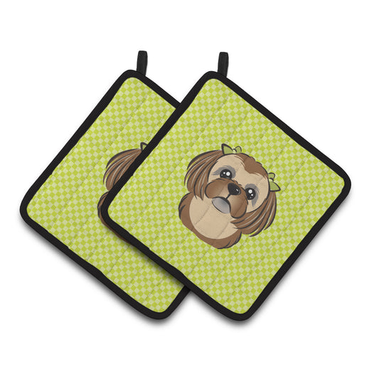 Caroline's Treasures Checkerboard Lime Green Chocolate Brown Shih Tzu Pair of Pot Holders