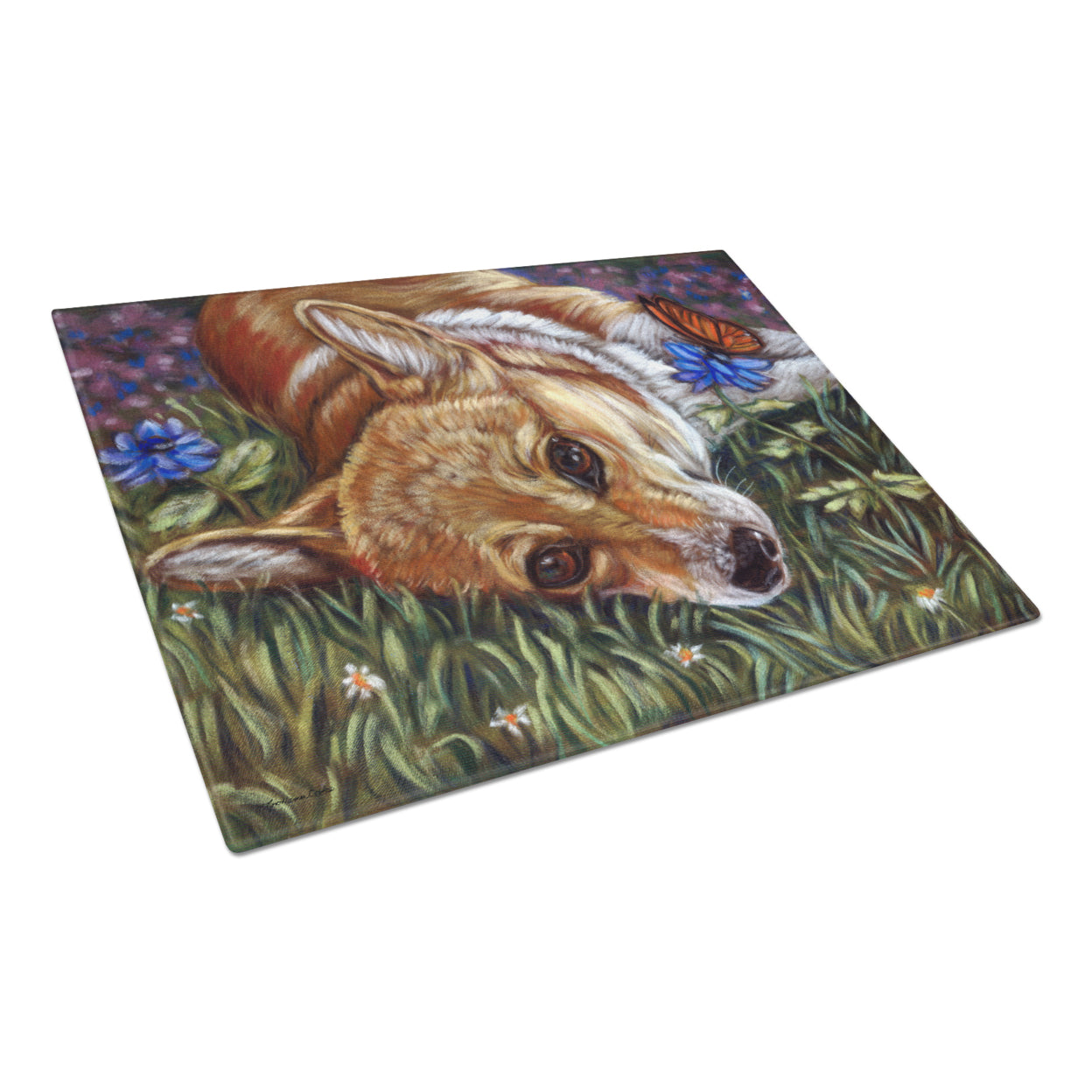 Caroline's Treasures Corgi Pastel Butterfly Glass Cutting Board Large