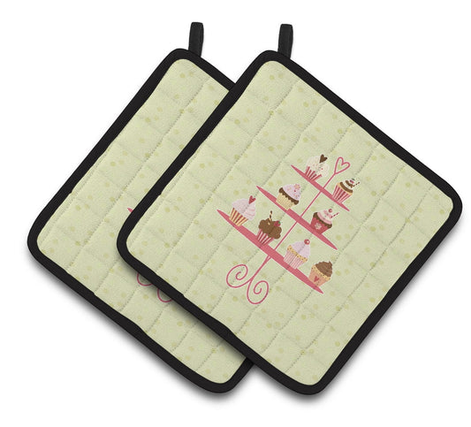 Caroline's Treasures Cupcakes 3 Tier Stand on Green Pair of Pot Holders