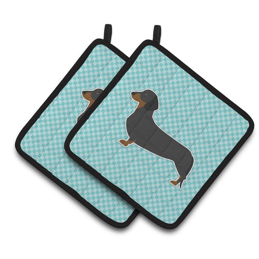 Caroline's Treasures Dachshund Checkerboard Blue Pair of Pot Holders