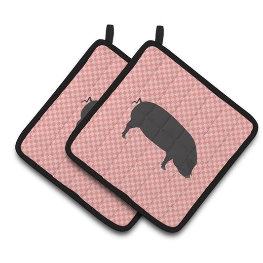 Caroline's Treasures Devon Large Black Pig Pink Check Pair of Pot Holders