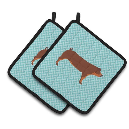 Caroline's Treasures Duroc Pig Blue Check Pair of Pot Holders