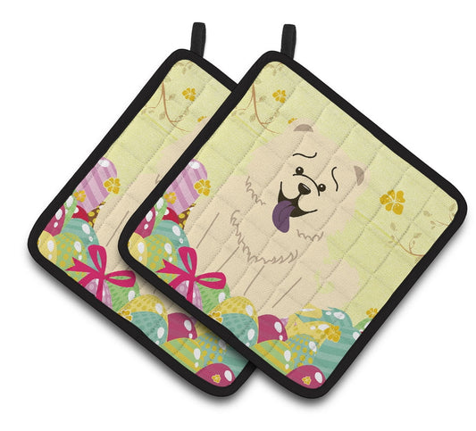 Caroline's Treasures Easter Eggs Chow Chow White Pair of Pot Holders