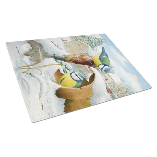 Caroline's Treasures Eurasian Blue Tits Birds in Flower Pot Glass Cutting Board Large
