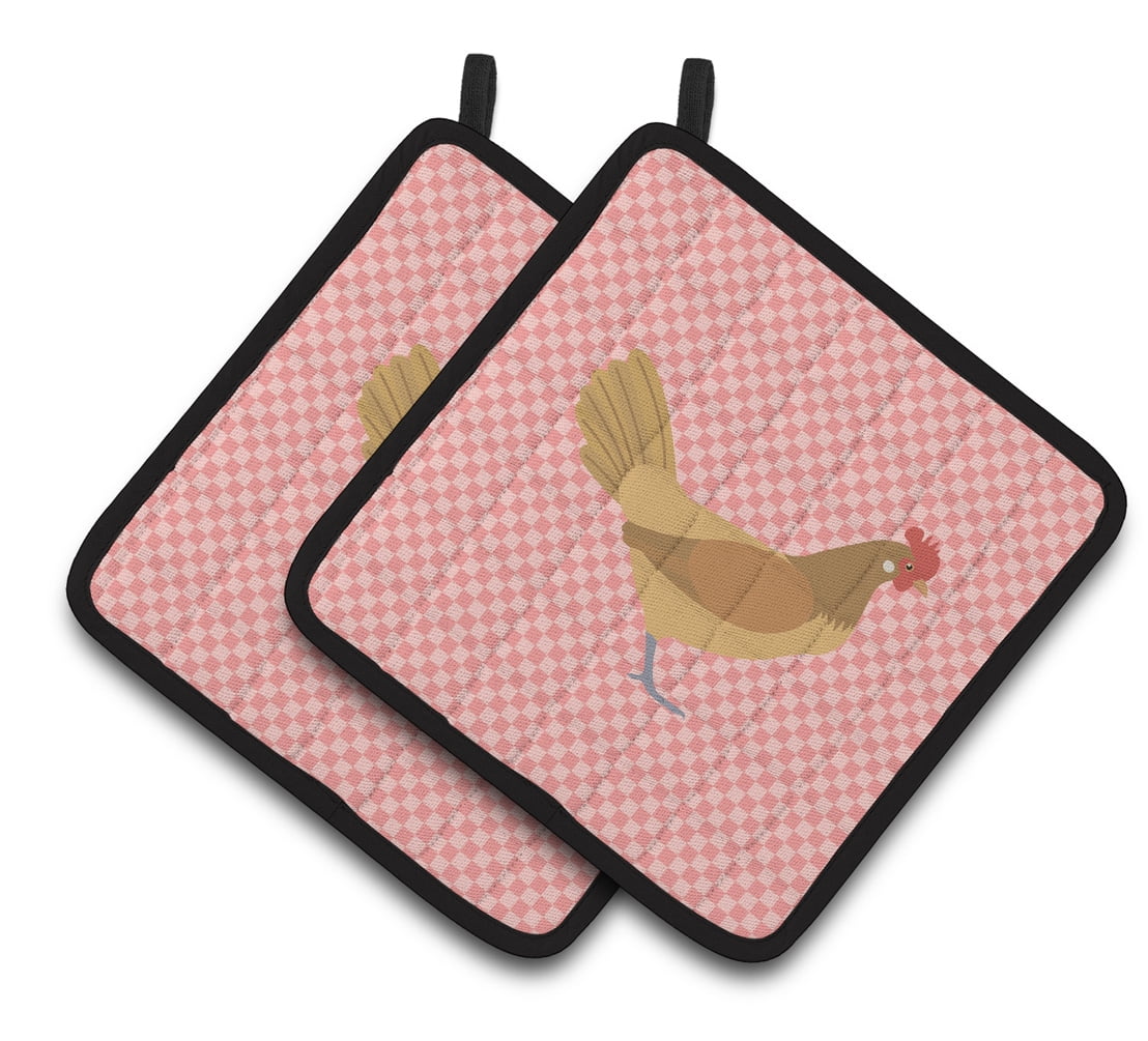Caroline's Treasures Frisian Friesian Chicken Pink Check Pair of Pot Holders
