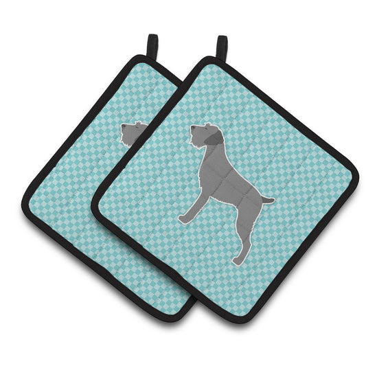 Caroline's Treasures German Wirehaired Pointer Checkerboard Blue Pair of Pot Holders