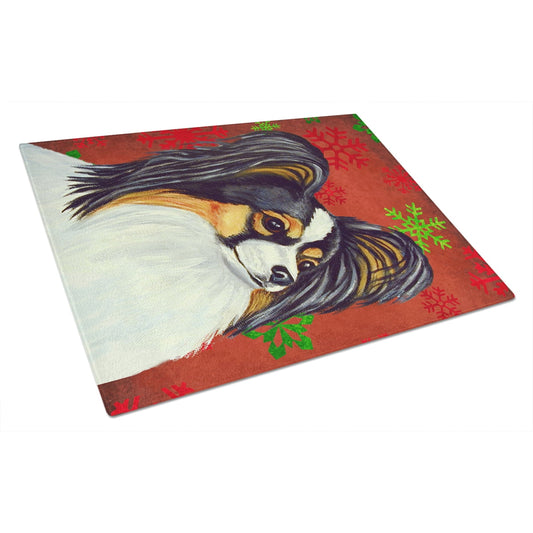 Caroline's Treasures LH9345LCB Papillon Red and Green Snowflakes Holiday Christmas Glass Cutting Board Large, 12H x 16W,