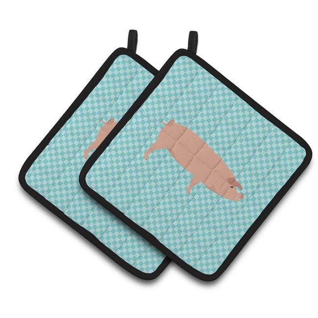 Caroline's Treasures Landrace Pig Blue Check Pair of Pot Holders