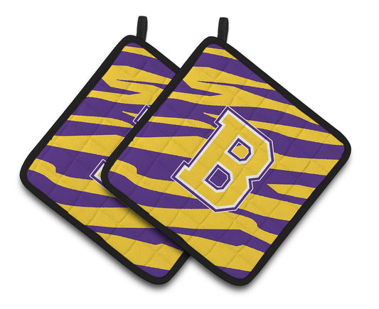 Caroline's Treasures Letter B Monogram - Tiger Stripe - Purple Gold Pair of Pot Holders , 7.5HX7.5W, Multicolor