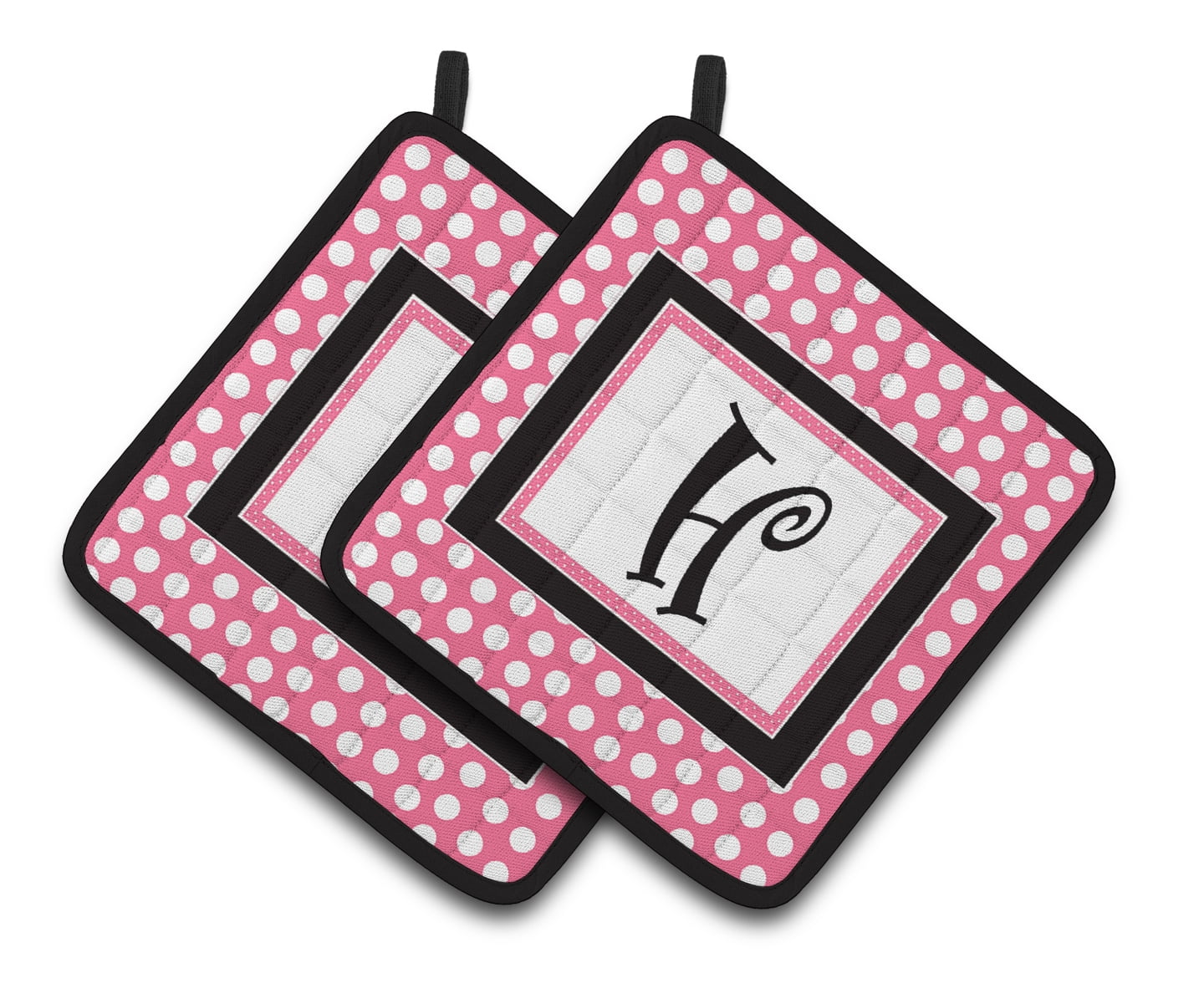 Caroline's Treasures Letter H Monogram - Pink black Polka Dots Pair of Pot Holders , 7.5HX7.5W, Multicolor