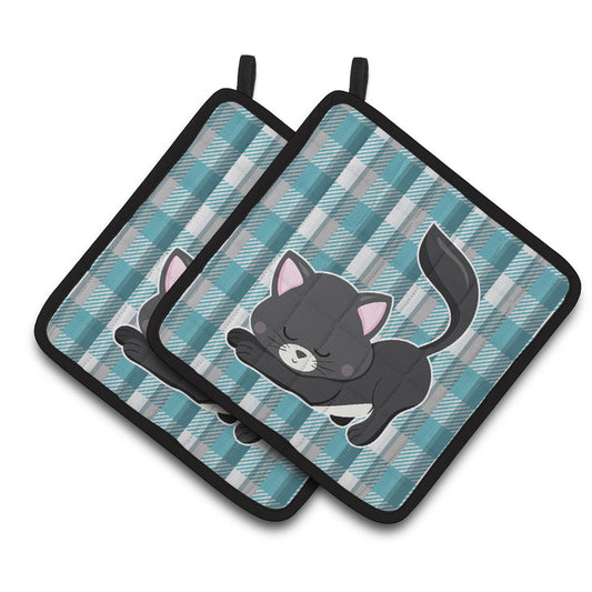 Little Black Cat Kitten Pair of Pot Holders