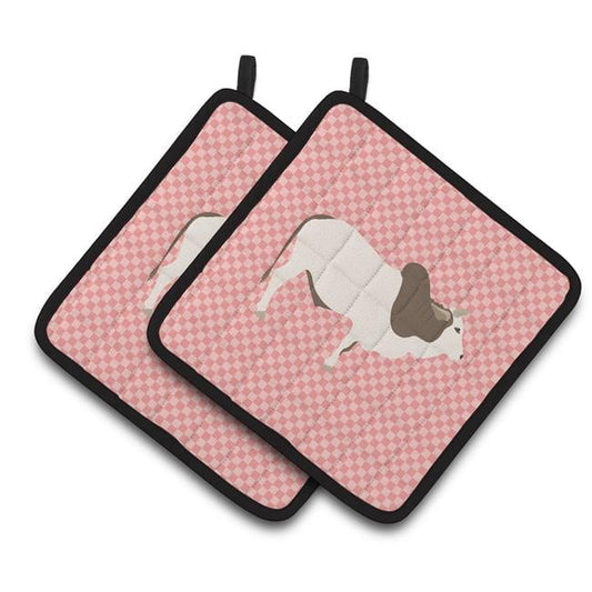 Caroline's Treasures Malvi Cow Pink Check Pair of Pot Holders