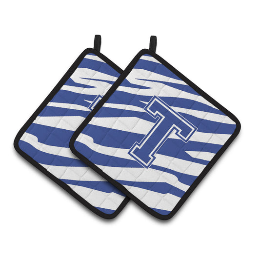 Caroline's Treasures Monogram Initial T Tiger Stripe Blue and White Pair of Pot Holders