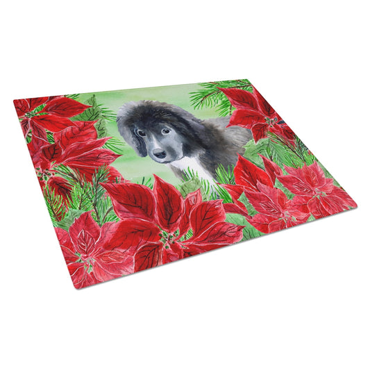 Caroline's Treasures Newfoundland Puppy Poinsettas Glass Cutting Board Large