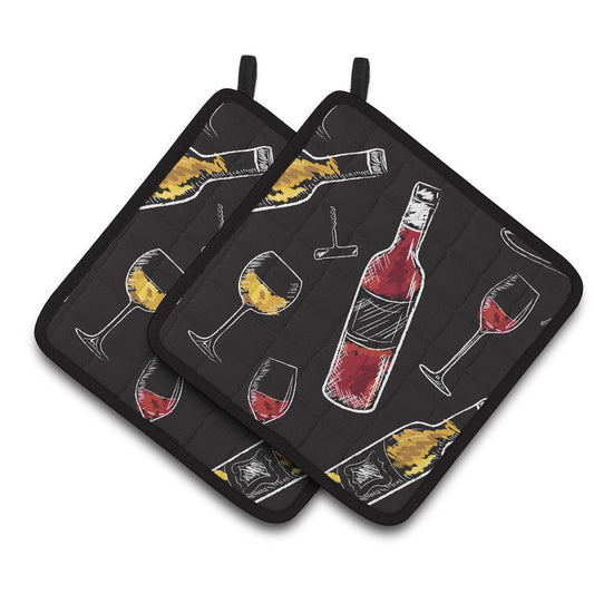 Caroline's Treasures Red and White Wine on Black Pair of Pot Holders