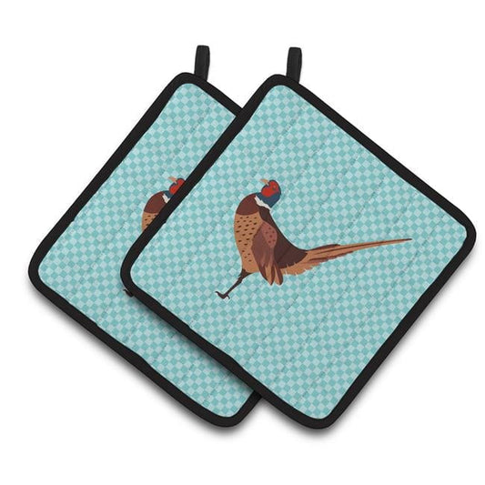 Caroline's Treasures Ring-necked Common Pheasant Blue Check Pair of Pot Holders