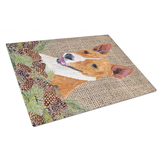 Caroline's Treasures SC9036LCB Basenji Faux Burlap and Pine cones Glass Cutting Board Large, 12H x 16W, multicolor