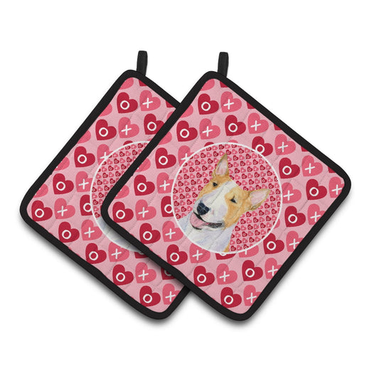 Caroline's Treasures SS4496PTHD Bull Terrier Hearts Love and Valentine's Day Portrait Pair of Pot Holders, 7.5HX7.5W,
