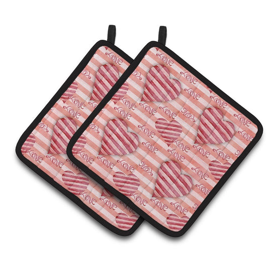Caroline's Treasures Watercolor Red Striped Hearts Pair of Pot Holders