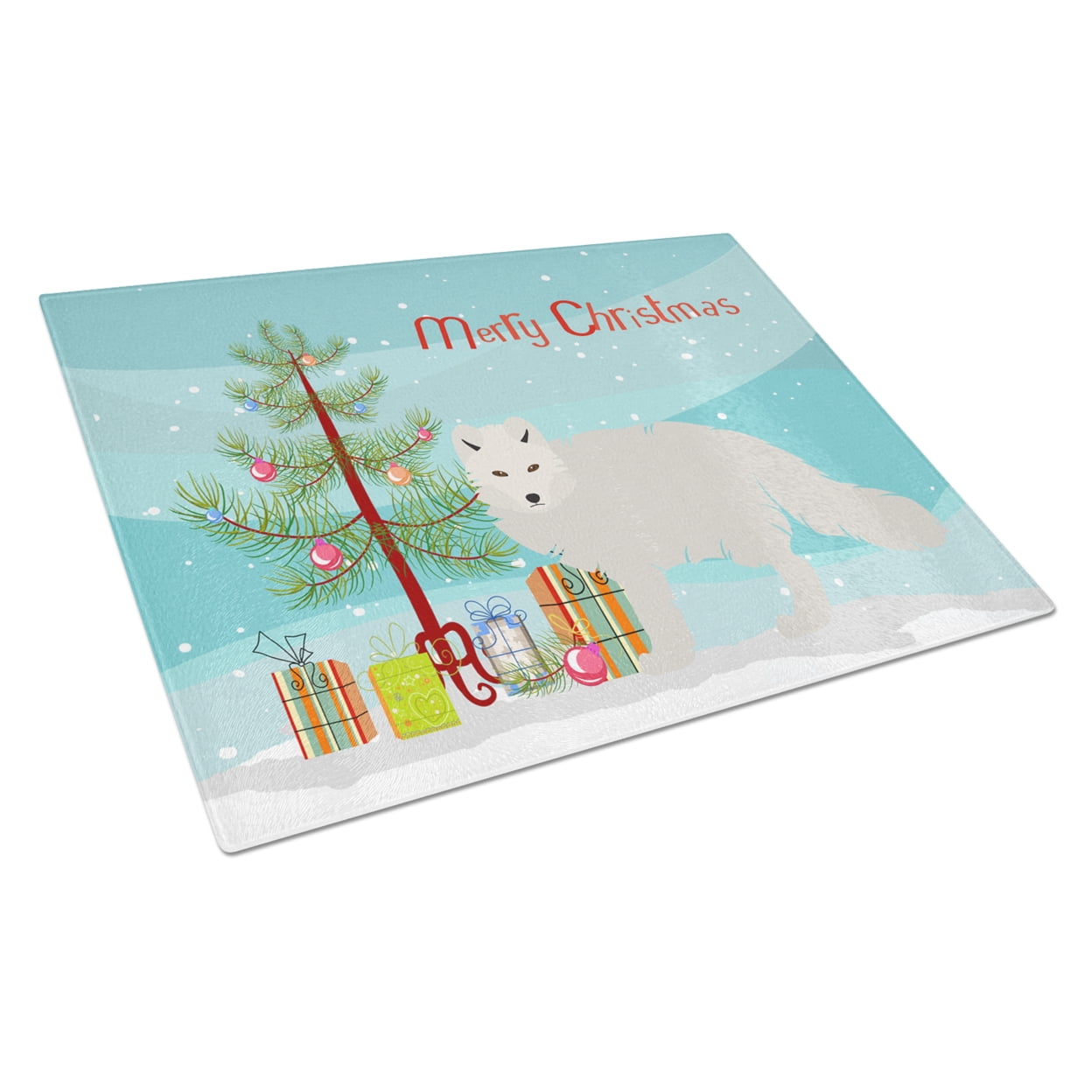 Caroline's Treasures White Arctic Fox Christmas Glass Cutting Board Large