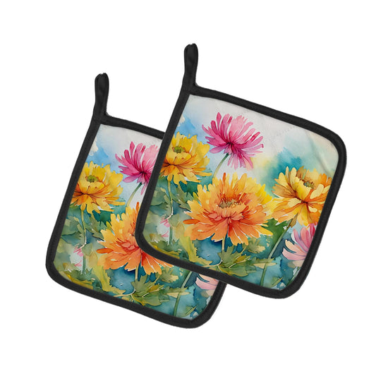Carolines Treasures 7.5 x 7.5 in. Chrysanthemums in Watercolor Pot Holders - Set of 2