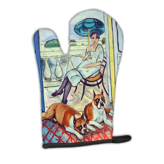 Lady with her Boxer Oven Mitt