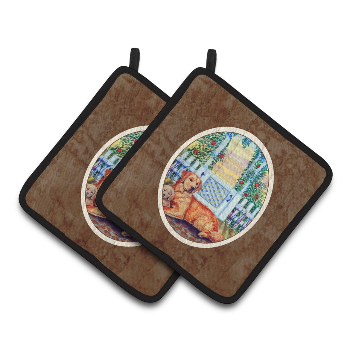Carolines Treasures 7148PTHD Golden Retriever and puppy at the fence Pair of Pot Holders , 7.5HX7.5W, multicolor