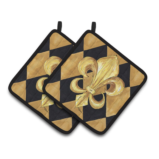Carolines Treasures 8125PTHD Black and Gold Fleur de lis New Orleans Pair of Pot Holders, 7.5HX7.5W, multicolor
