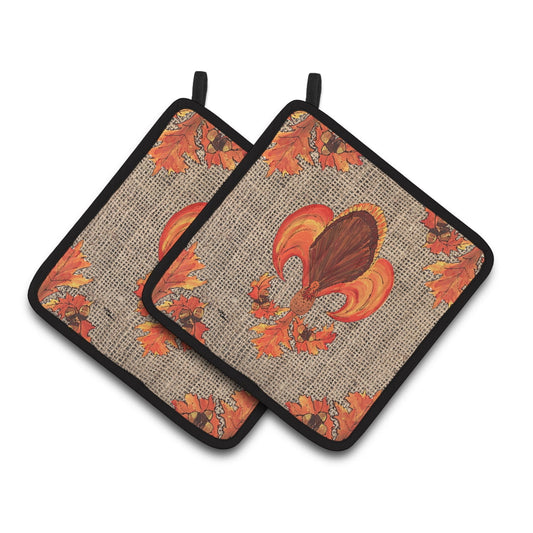 Carolines Treasures 8744PTHD Thanksgiving Turkey Fleur de lis Pair of Pot Holders, 7.5HX7.5W, multicolor