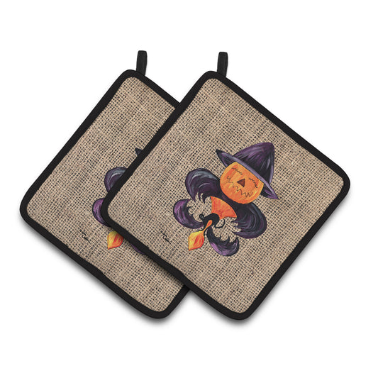 Carolines Treasures 8748PTHD Halloween Pumpkin Bat Fleur de lis Pair of Pot Holders , 7.5HX7.5W, multicolor